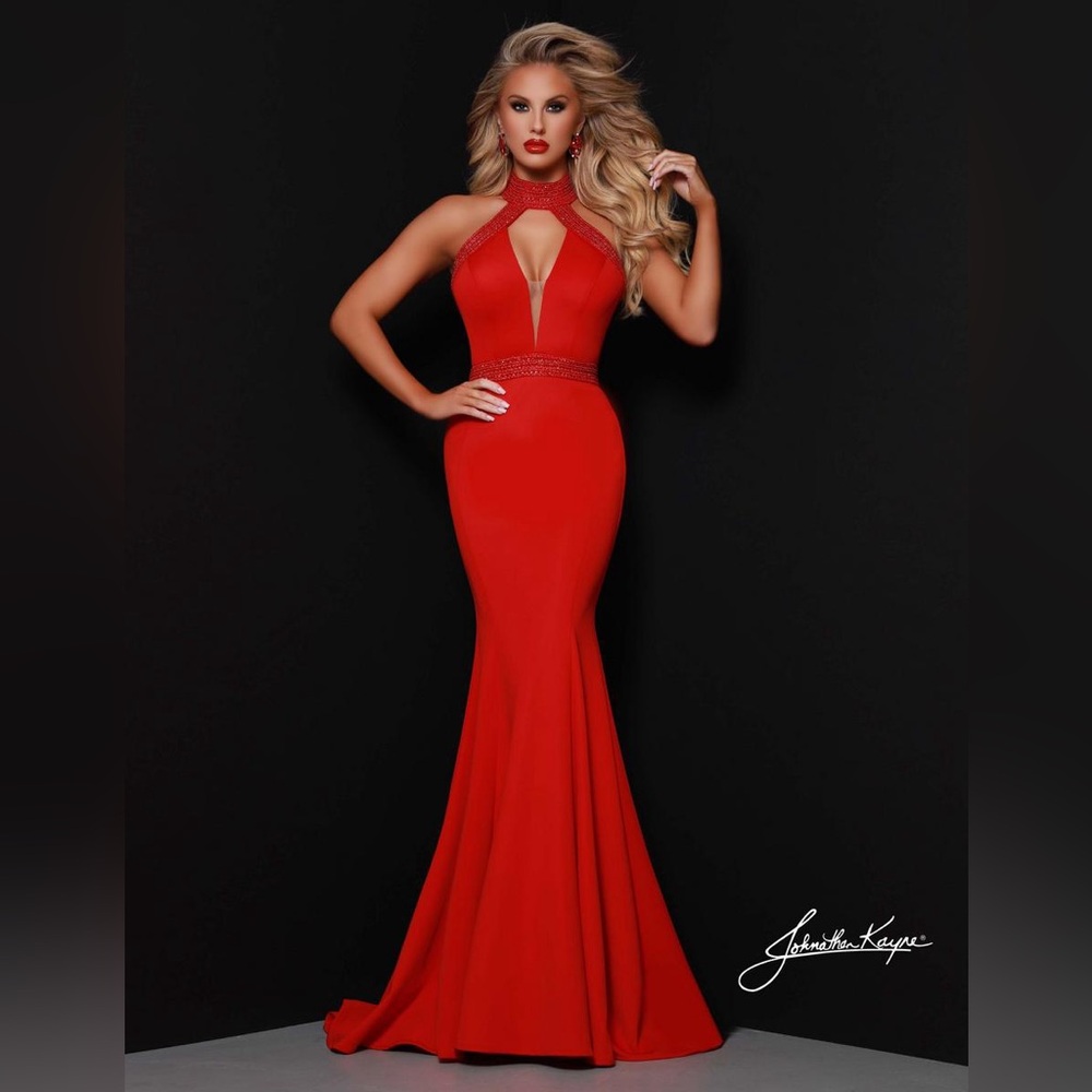 Johnathan Kayne Red Halter Mermaid Prom Dress